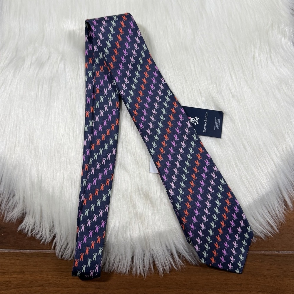 Psycho Bunny Men Multicolor Blue Orange Pink Bunny Logo 100% Silk Necktie Tie
